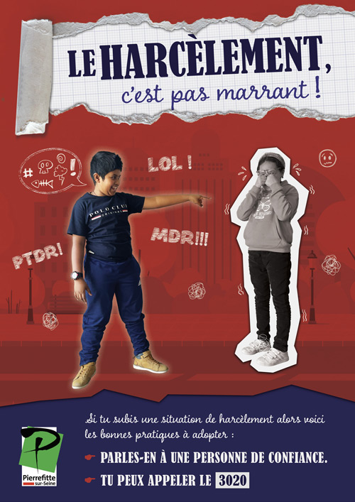 Affiche sur le harcèlement scolaire créée par un graphiste pro suite au concept de celle-ci élaborée lors d'une animation du Stage